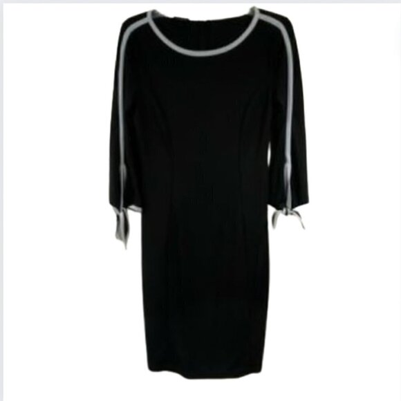TALBOTS Black with White Trim 3/4 Sleeve Midi Dress with Tie Sleeves, S - Picture 1 of 11